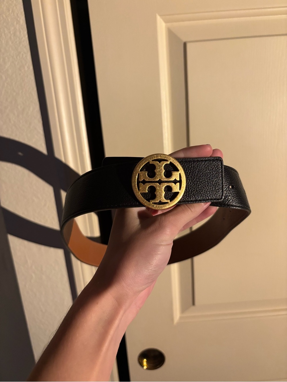 Tory Burch Black Leather Belt with Gold Medallion Buckle - Picture 1 of 1